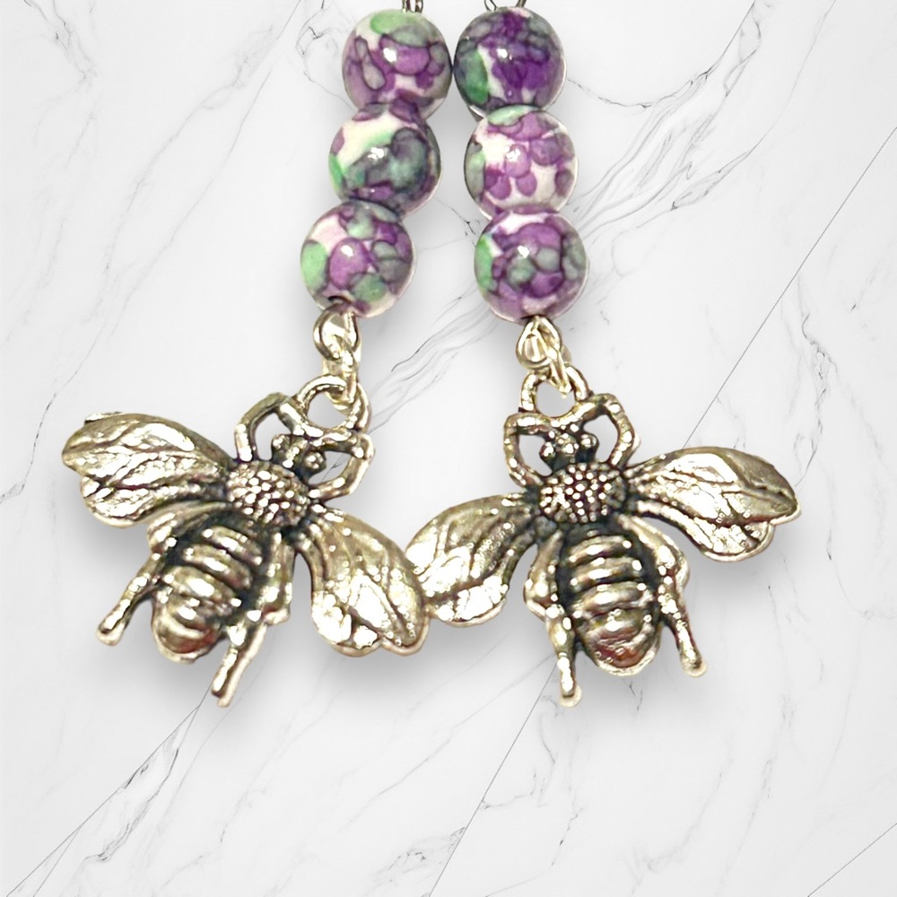 Hand Crafted Earrings Bumble Bee Dangle Silver Purple Mosaic Pierced Long